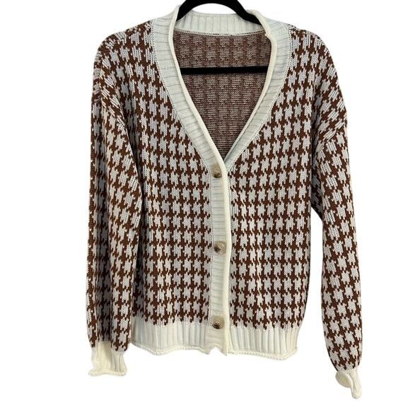 SHEIN Women’s Houndstooth V-Neck Button Down Cardigan Sweater Brown/Cream Size L - Picture 1 of 8